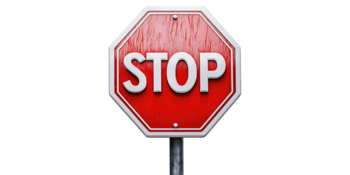 Red stop sign with white lettering isolated on transparent background