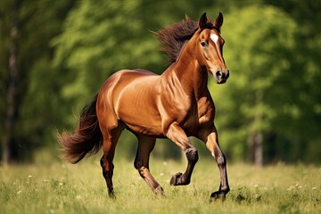 Bay Horse Galloping Gracefully in the Lush Green Pasture - Equine Beauty in Nature