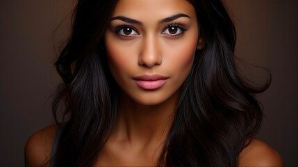 Naklejka premium Beautiful Asian Indian Woman. Studio Headshot with Captivating Brown Eyes and Enchanting Smile