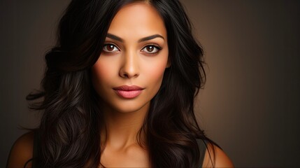 Fototapeta premium Beautiful Brunette Lady: Studio Headshot of Asian Indian Woman with Captivating Smile and Expressive Eyes