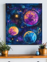 Vibrant galaxy print featuring stars, nebulas, and glowing planets in a decorative space art display. Generative AI