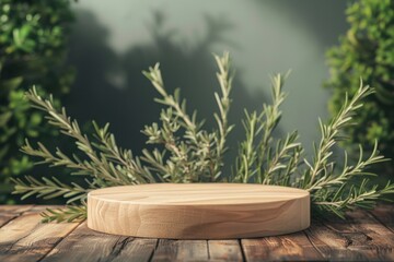 Wooden Display Stand Surrounded by Fresh Greenery on Rustic Table