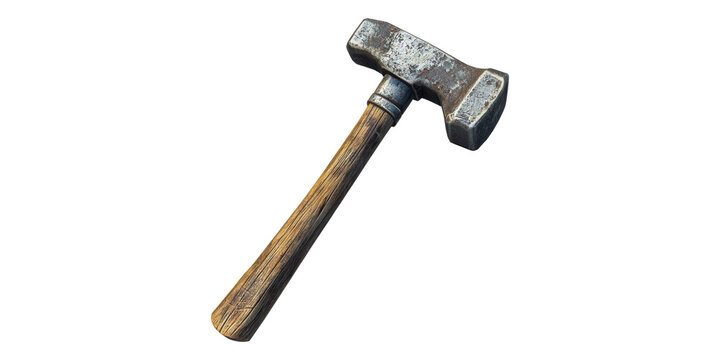Vintage rusty hammer with wooden handle isolated on transparent background