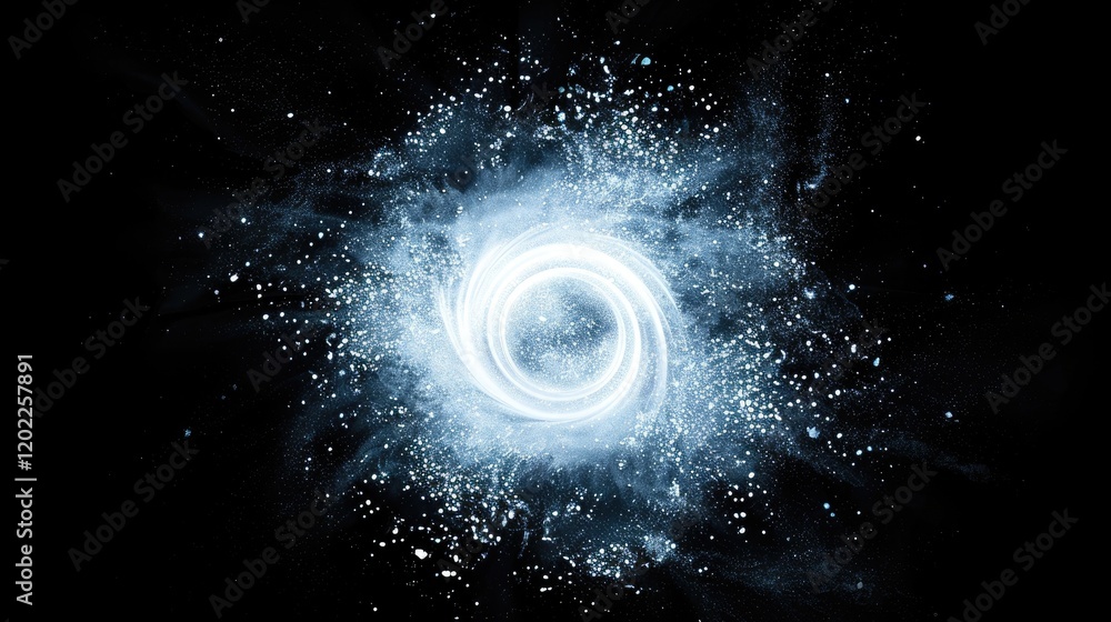 Poster a captivating visual of an exploding white sphere against a dark background, featuring neon light ef