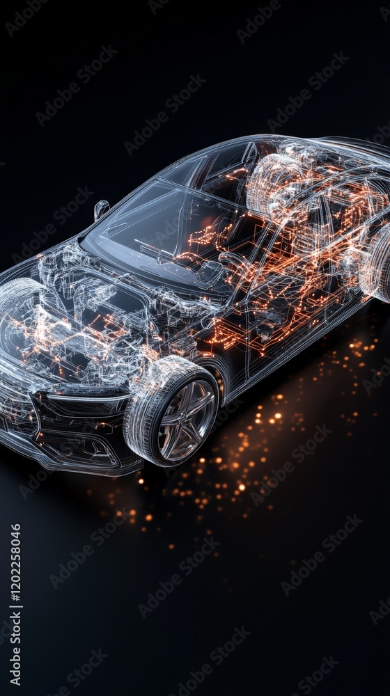 Poster Complex network of wires and components illuminating futuristic wireframe car, showcasing intricate design and advanced technology in automotive engineering on a dark background
