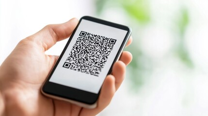 Hand Holding Smartphone Displaying QR Code for Scanning with Natural Background Focus