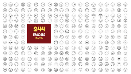 A set of 244 monochrome circular emoji icons displaying various facial expressions and emotions. Simple line-style illustrations include happy, sad, angry, surprised, love.