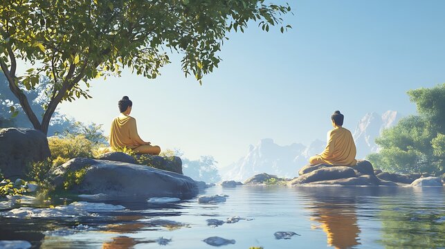 A spiritual scene of Gautama Buddha meditating by a flowing river under a clear blue sky, evoking a sense of calm and balance