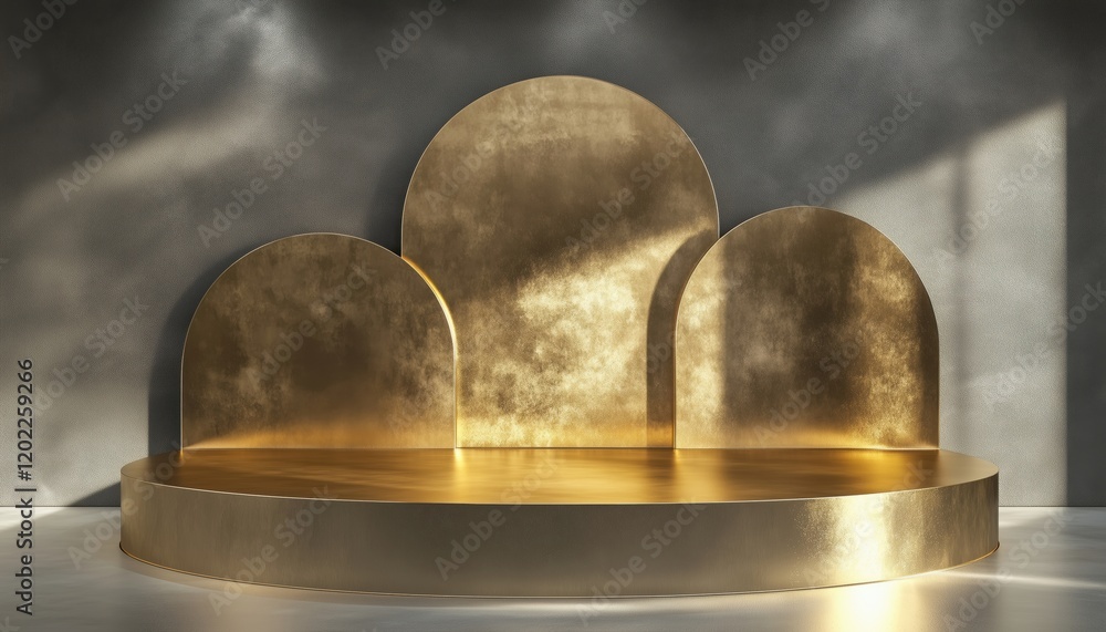 Poster luxurious gold scene featuring empty pedestal and geometric shapes for product showcase presentation