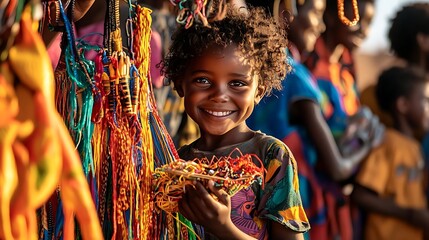 A child holding a handmade craft, their calm, content eyes radiating pride and happiness.