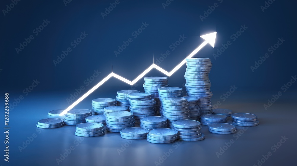 Poster blue coins with upward arrow and line graph