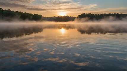 Fototapeta premium Misty sunrise over a calm lake, with gentle steam rising from the water's surface.