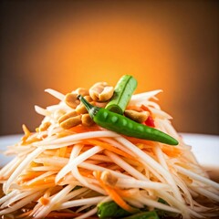 Somtam is Papaya Salad Thai. Made from chopped papaya. mixed with raw shrimp, Thai style, isolated on white background, papaya spicy salad - somtam - Thai traditional street food style