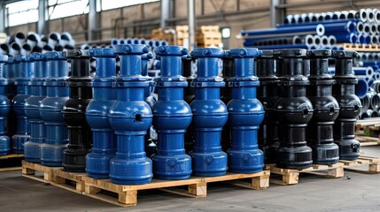 Colorful blue polyethylene and PVC pipes are neatly arranged on wooden pallets inside a warehouse. These materials are essential for sewer engineering and installation projects