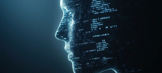 an Artificial Intelligence Head Made from Digital Lines, Binary Code, and Circuitry on a Dark Blue Background with Copy Space AI Concept for Technology Design, Future Business Generative AI