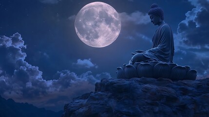 Gautama Buddha meditating on a hilltop with the full moon in the background, symbolizing enlightenment and spiritual guidance