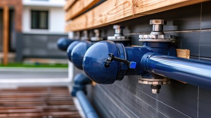 Colorful blue polyethylene pipes are arranged on wooden pallets within a warehouse. They are prepared for engineering and installation tasks related to sewer systems