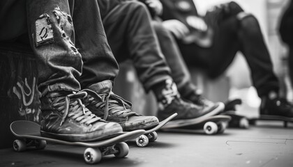 Urban Street Hooligans: Group Of Friends Skating And Resting, Sporting Worn Shoes And Monochrome Attire In High Contrast Setting.