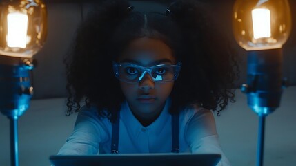 A teenage girl in a science lab, her determined eyes analyzing data on a tablet as she conducts an experiment.