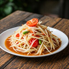Somtam is Papaya Salad Thai. Made from chopped papaya. mixed with raw shrimp, Thai style, isolated on white background, papaya spicy salad - somtam - Thai traditional street food style