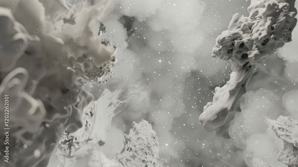 Poster a mesmerizing scene of ethereal dust clouds floating softly in the air, creating an abstract, dreamy