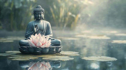 Gautama Buddha meditating on a floating lotus in a tranquil pond, symbolizing purity and spiritual awakening