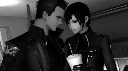Two teenagers sharing a milkshake at a retro diner, their soft, dreamy eyes meeting in a quiet, tender moment.