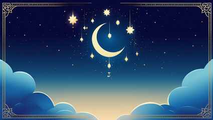 Naklejka premium Peaceful Ramadan background with a soft gradient, a crescent moon, and gold details. Perfect for creating Ramadan Kareem and Ramadan Mubarak greeting cards.