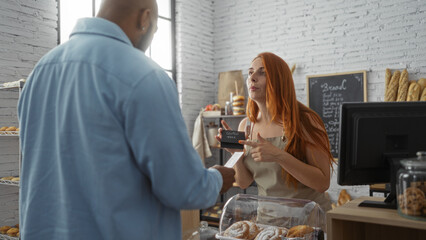 Woman talking to man in a bakery interior with bread in the background, holding a gluten-free sign, interacting as worker and customer in a shop setting