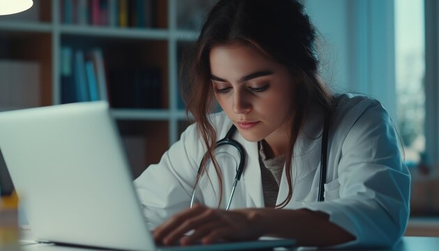 Female Doctor Typing On Laptop And Documenting Patient Information In Hospital Office, Close-Up. Medical Student Taking Notes On Health Case Study.