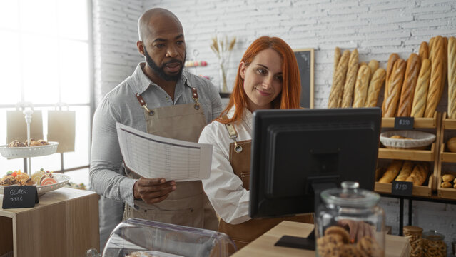 Man and woman working together in a bakery shop interior with bread displays and a computer screen