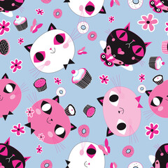 Vector pattern funny faces of cats among flowers and butterflies
