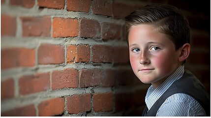 A teenager in a stylish outfit, leaning against a brick wall, their sharp eyes exuding a sense of pride and self-assurance.