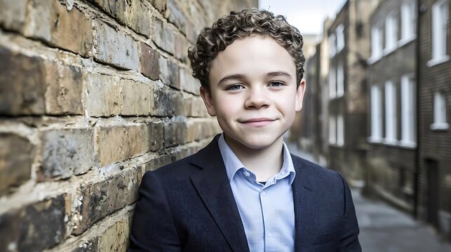 A teenager in a stylish outfit, leaning against a brick wall, their sharp eyes exuding a sense of pride and self-assurance.