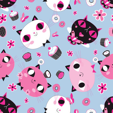 Vector pattern funny faces of cats among flowers and butterflies