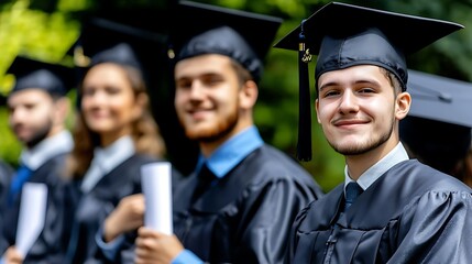 A high school graduate in a cap and gown, their sharp eyes radiating pride and confidence in their achievement.