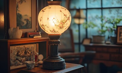 A warm oriental style table lamp illuminates a room filled with vintage decor