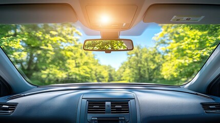 Car interior view, sunny forest road trip, sun glare