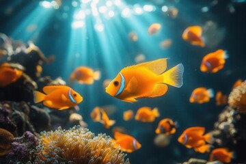 Naklejka premium vibrant coral reef ecosystem teeming with neon angelfish, flowing sea anemones, and rainbow parrotfish, rays of sunlight piercing turquoise waters