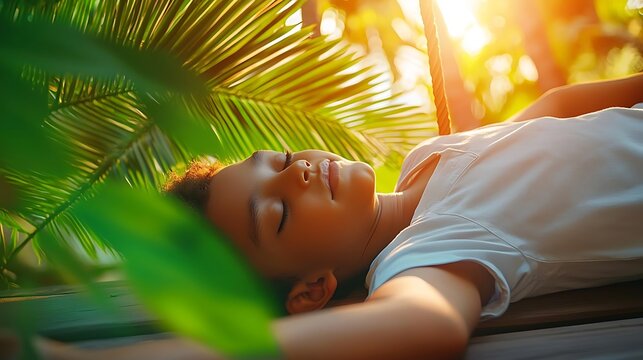 A young boy napping on a wooden porch swing, his half-closed eyes catching dappled sunlight through the trees.