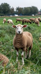 Fototapeta premium A flock of sheep grazes calmly on vibrant green grass by a road in the picturesque Dutch countryside, capturing the essence of rural tranquility and nature's beauty