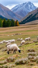 Fototapeta premium In the heart of autumn, a flock of black and white sheep grazes on lush grassland beneath towering mountains. The serene landscape showcases the beauty of nature and peaceful farm life