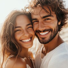 Close up of a smiling beautiful young couple embracing while standing at the beach