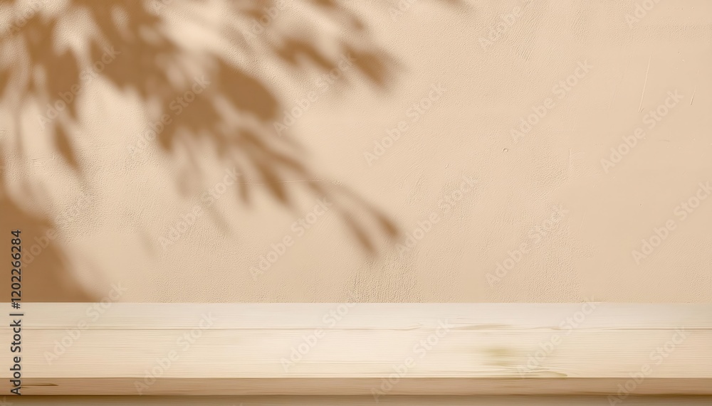 Poster natural beige textured wall with soft tree shadow overlay and light wooden plank foreground, perfect