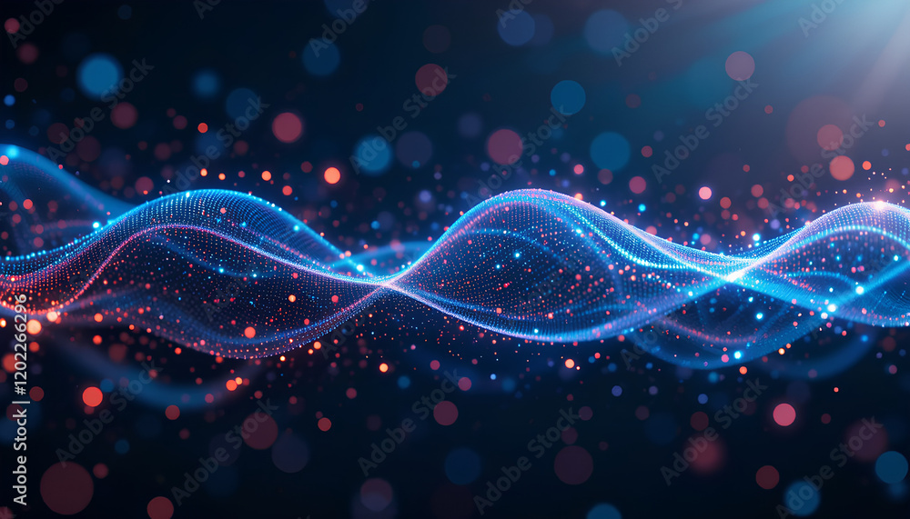 Aufkleber abstract energy flow: glowing particles trace elegant, sinuous waves of blue and red, creating a mes