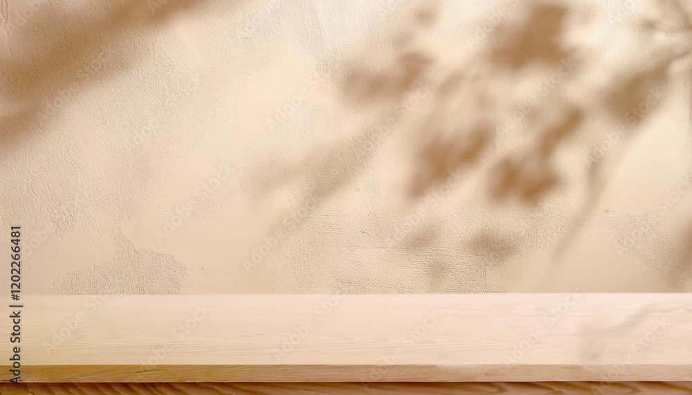 Poster natural beige textured wall with soft tree shadow overlay and light wooden plank foreground, perfect