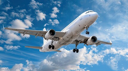 Obraz premium A private jet is captured in mid-flight against a vibrant blue sky, demonstrating the freedom and luxury of air travel. This stunning aircraft glides effortlessly through soft, white clouds