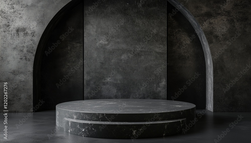Poster the rendering of black stone podium with product display on black background. display stand for prod