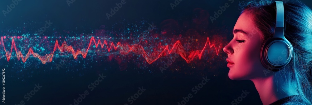 Poster young female singer composing a song using headphones and a futuristic interface visualizing sound w