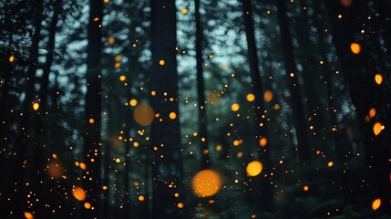 Grainy black background with glowing firefly particles scattered across the night sky, low angle shot with subtle orange glow, captured from ground level.